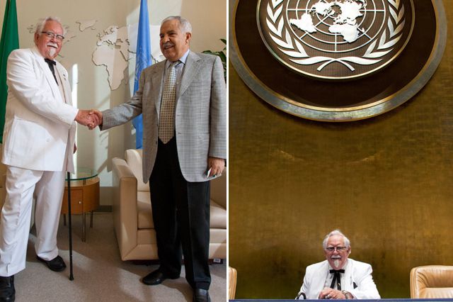 Colonel Sanders is graciously received at the United Nations by the current president of the General Assembly